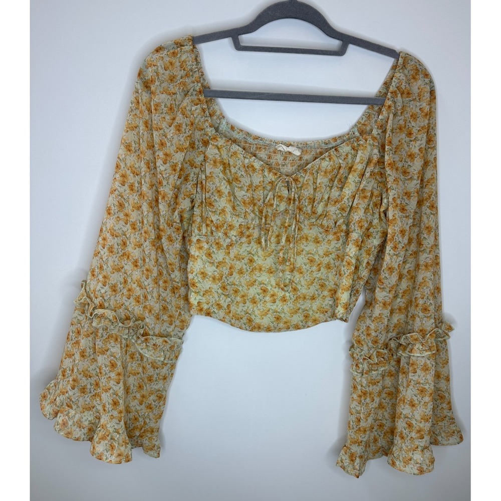 Altar'd State Floral Smocked Bell Sleeve Ruffle Crop Top M Fairy Romantic Whimsy - Picture 10 of 10